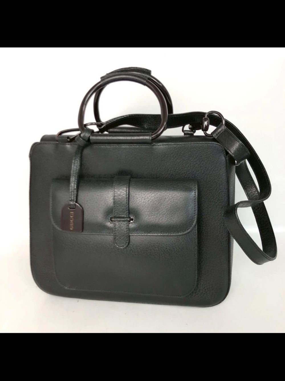 Gucci Black Structured Leather Shoulder Bag with Front Pocket